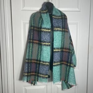 Aerie Blanket Scarf Adult One Size Teal Blue Plaid Brushed Fuzzy Soft Wrap Shawl